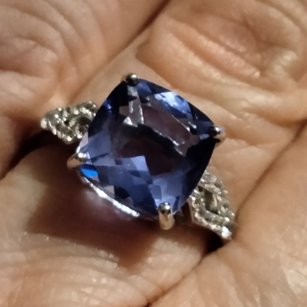 Blue Color Change Square Cut Fluorite with White Zircon Ring 3.99ctw